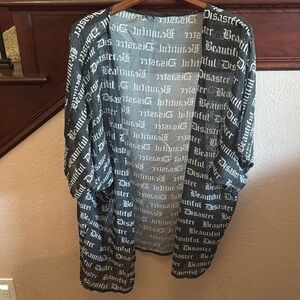 Beautiful Disaster Black and White Sheer Graphic Text Apparel Kimono Blouse Top